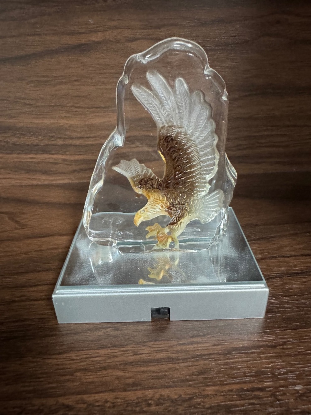 Clear Plastic Eagle Figurine in Acrylic Display Block with Gold Base Accents